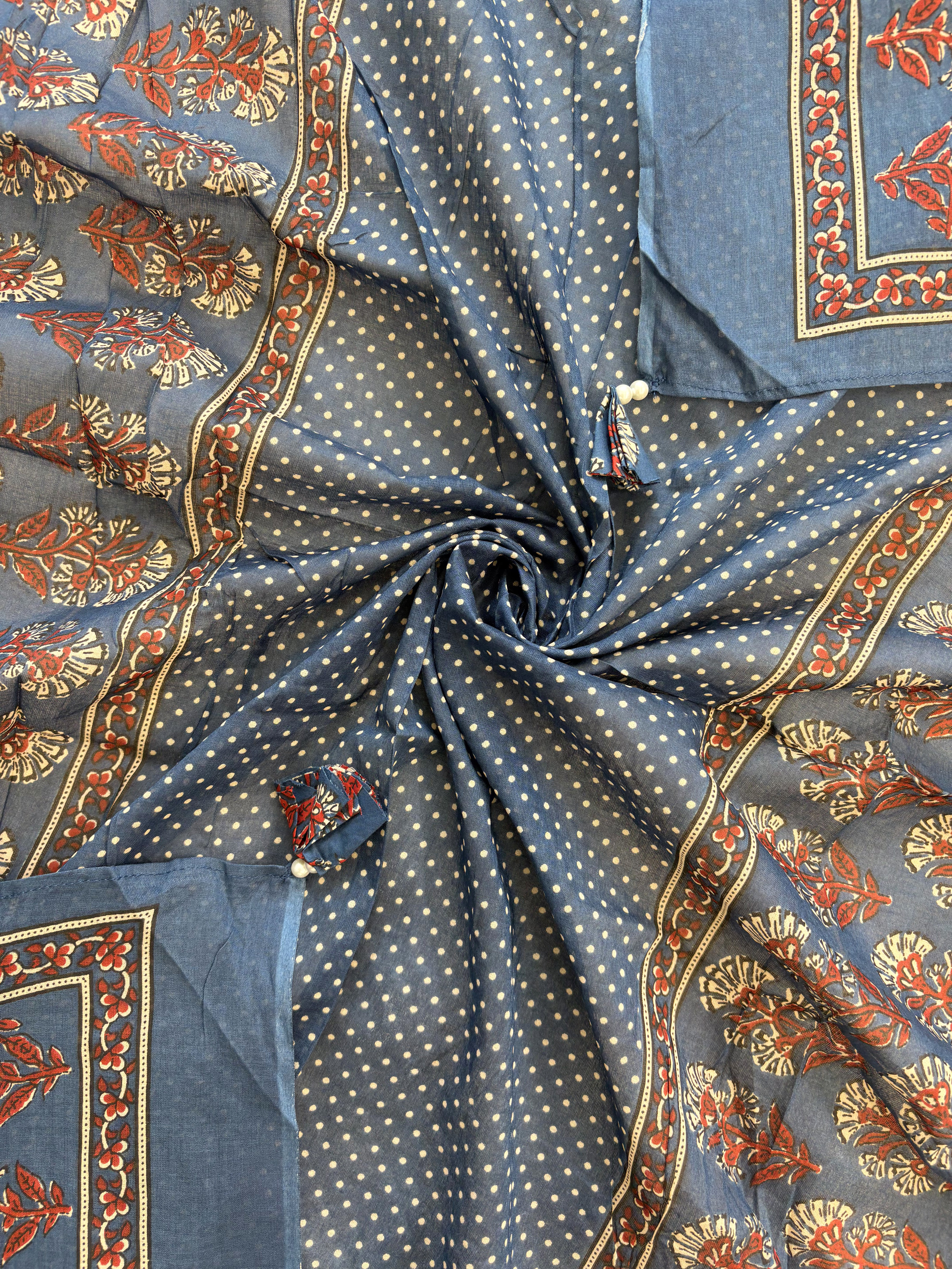 All-over digital floral bootie and scattered dot print with printed floral border on navy blue cotton dupatta