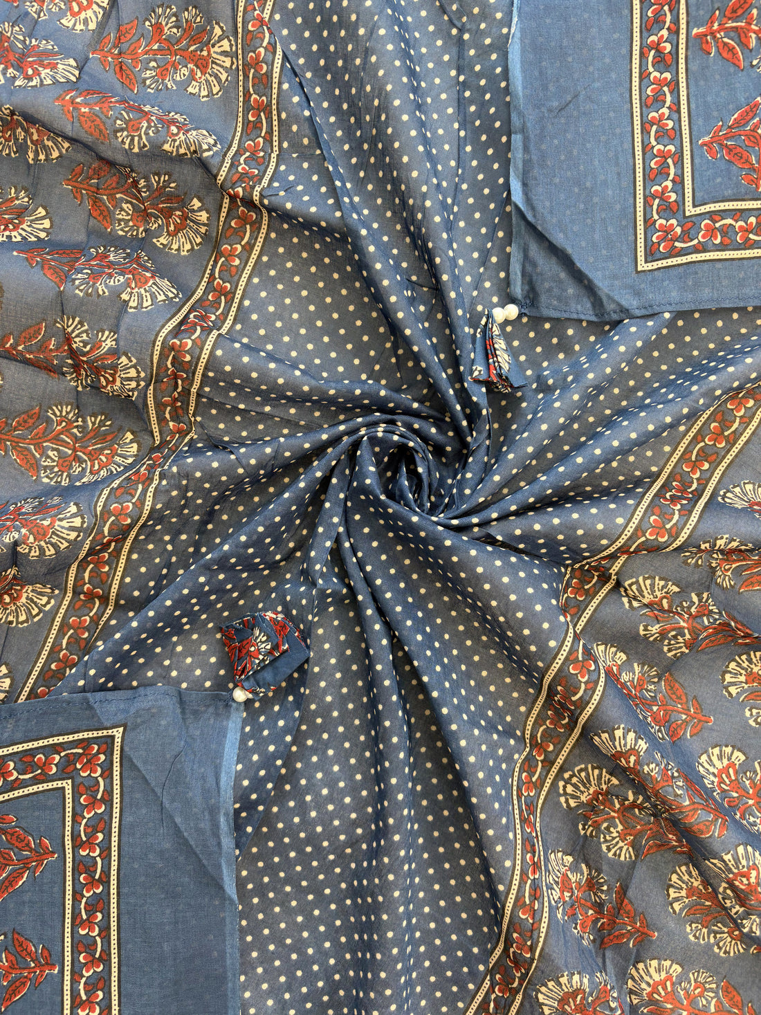 All-over digital floral bootie and scattered dot print with printed floral border on navy blue cotton dupatta