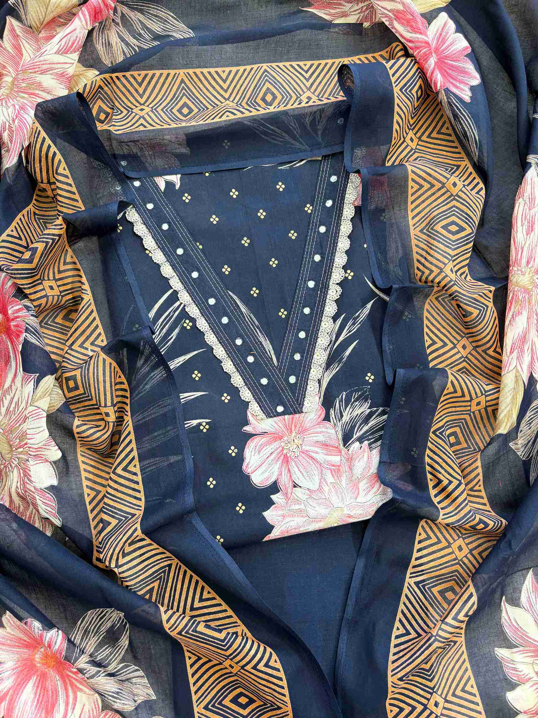 Navy blue digital printed cotton unstitched suit with printed dupatta front view