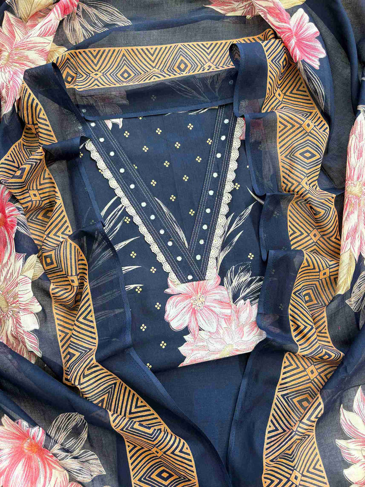 Navy blue digital printed cotton unstitched suit with printed dupatta front view
