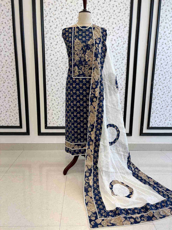 Navy blue cotton unstitched suit full front view with white applique circle dupatta draped on mannequin
