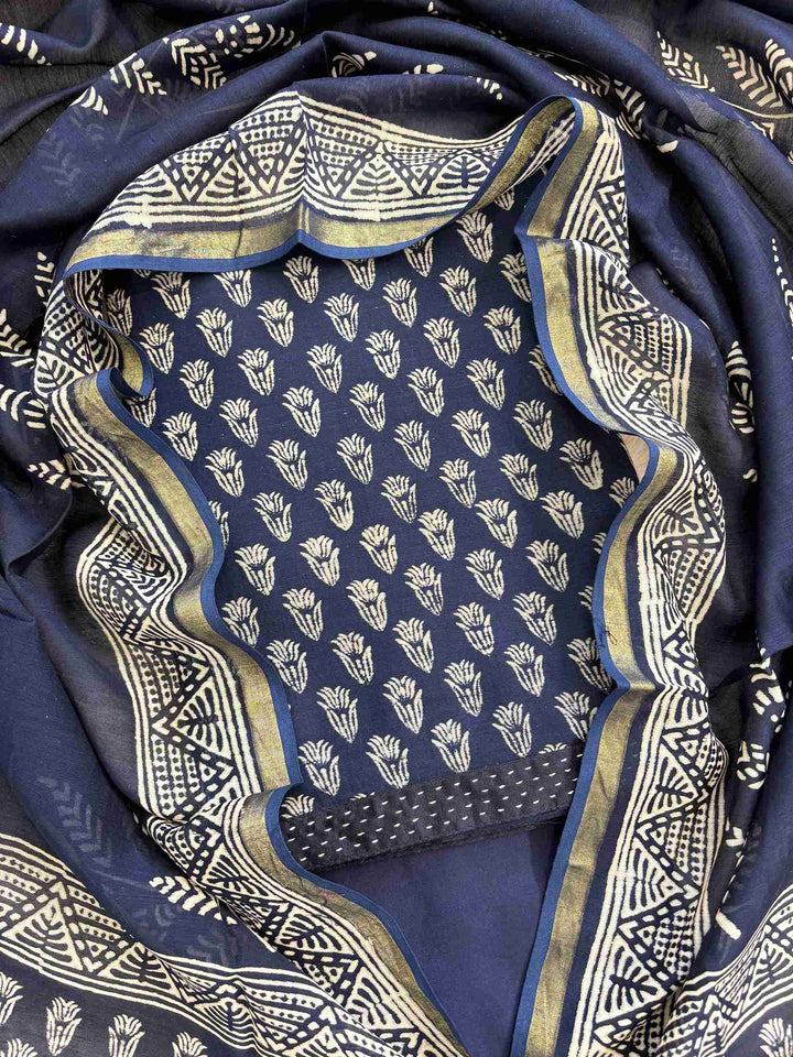 Handblock printed navy blue Chanderi kurta fabric detail