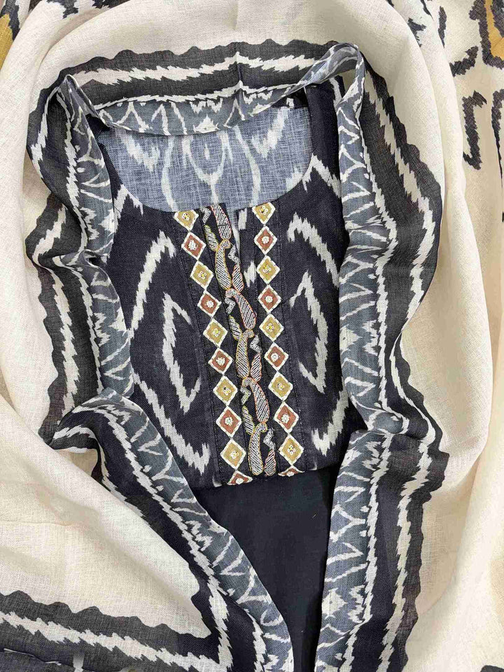 All-over ikat geometric diamond and ogee print in navy blue and white on linen shirt body