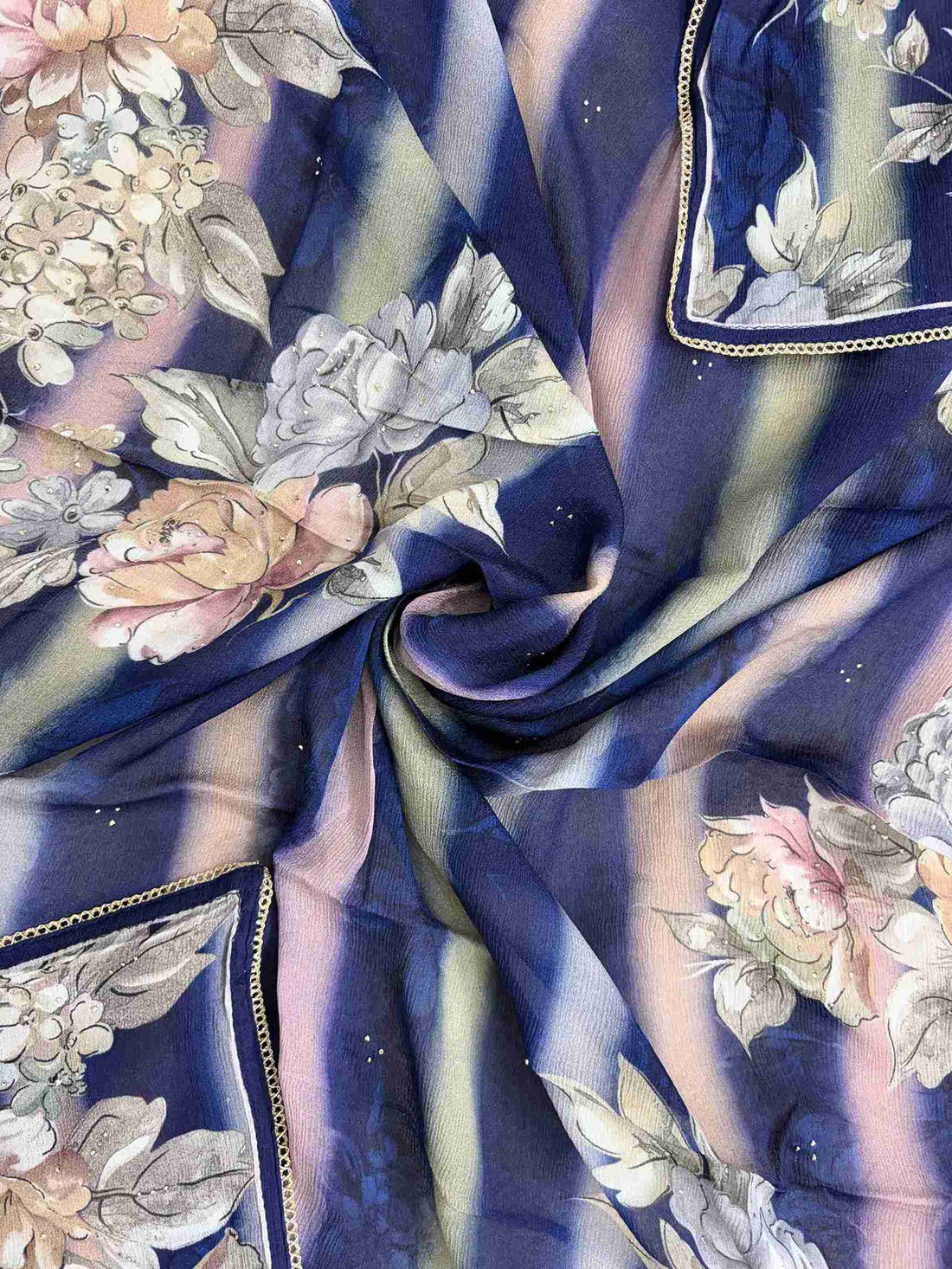 Chinnon dupatta with stripe pattern and floral print in navy blue and multicolor tones
