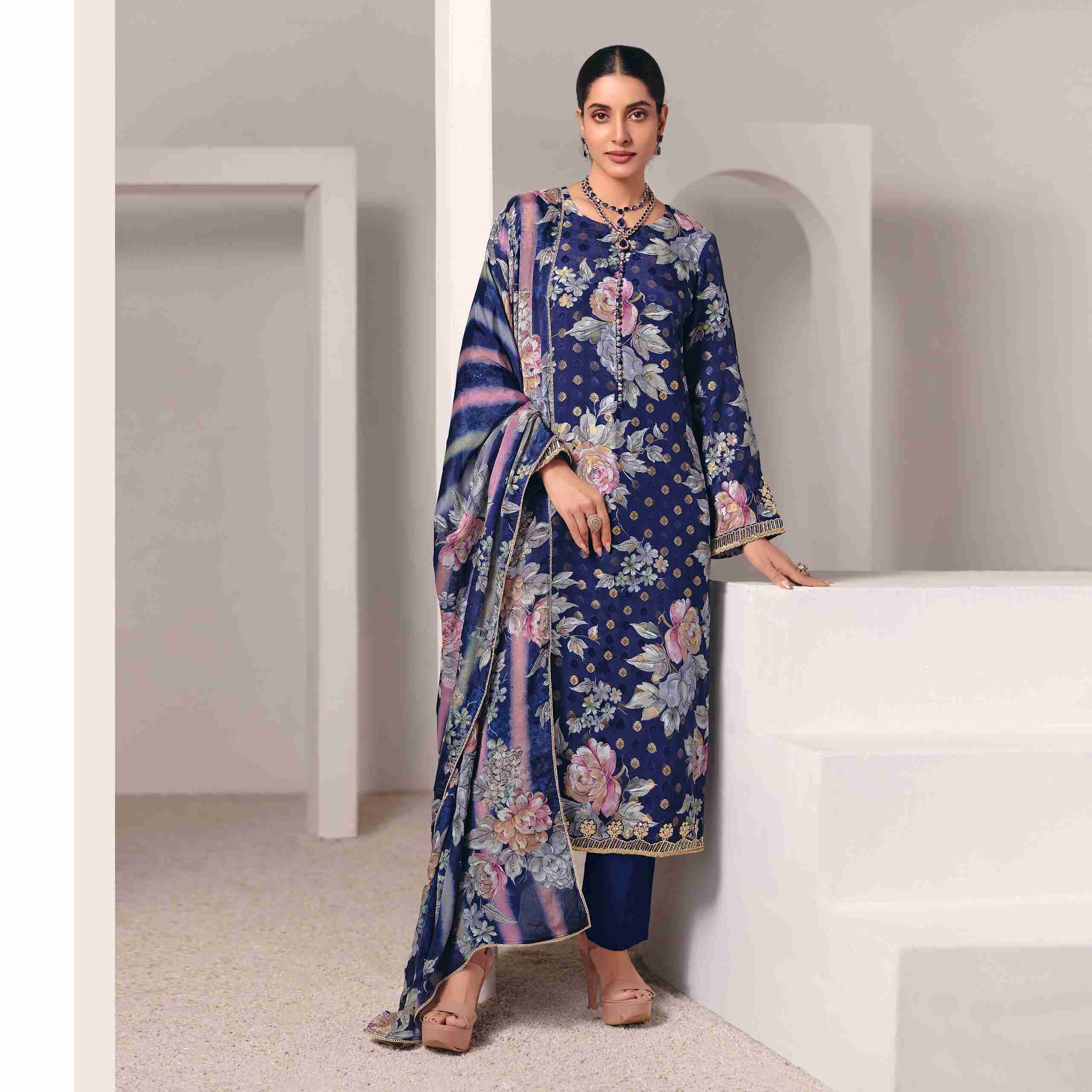 Navy blue muslin unstitched suit full front view worn by model with chinnon dupatta draped