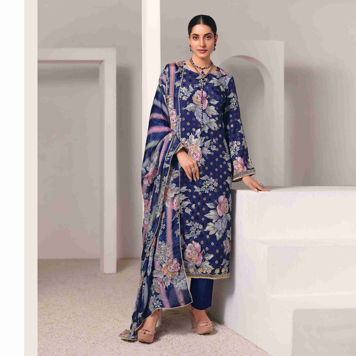 Navy blue muslin unstitched suit full front view worn by model with chinnon dupatta draped