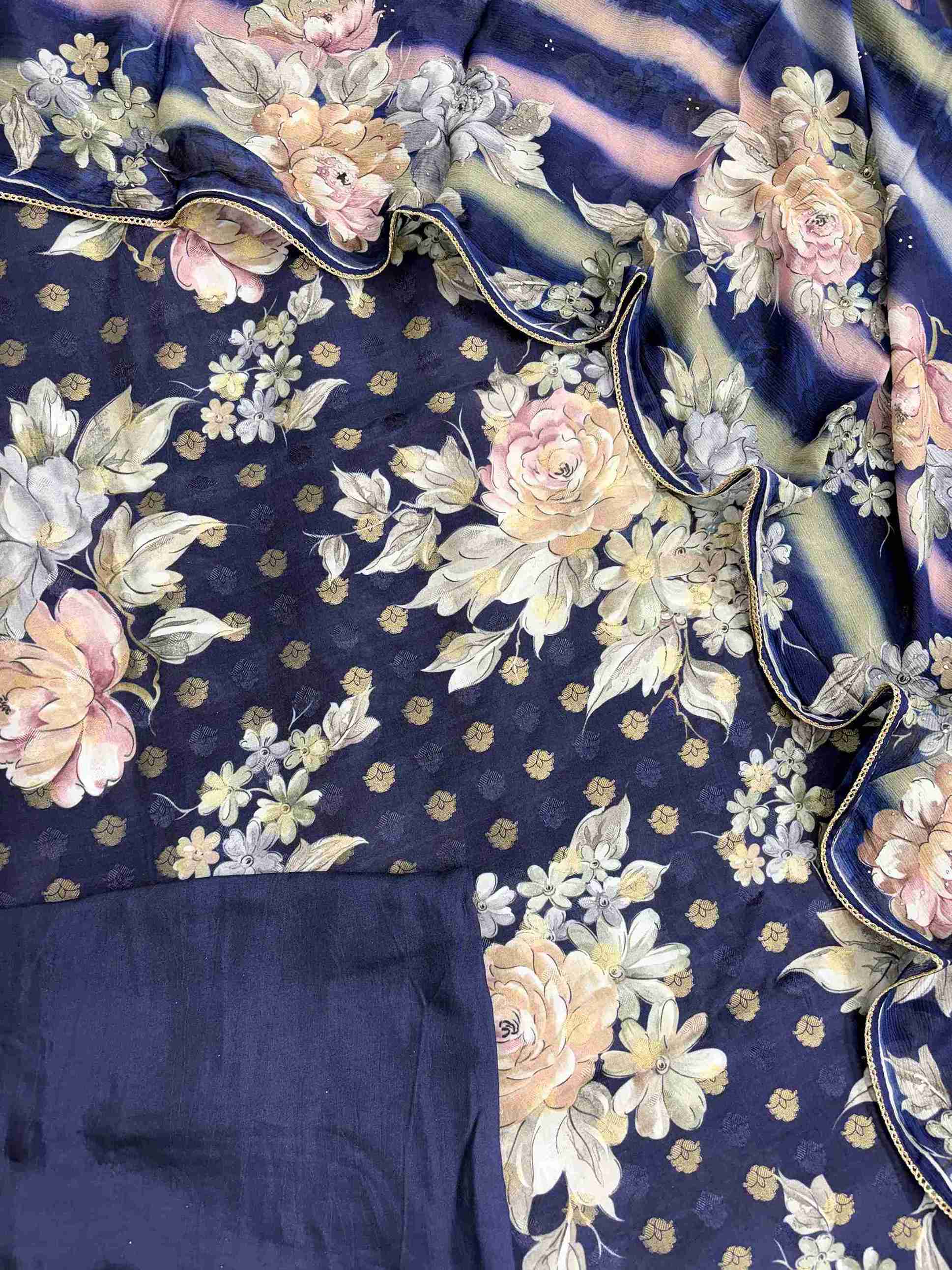 Complete navy blue muslin unstitched suit set with shirt, chinnon dupatta, and silk bottom