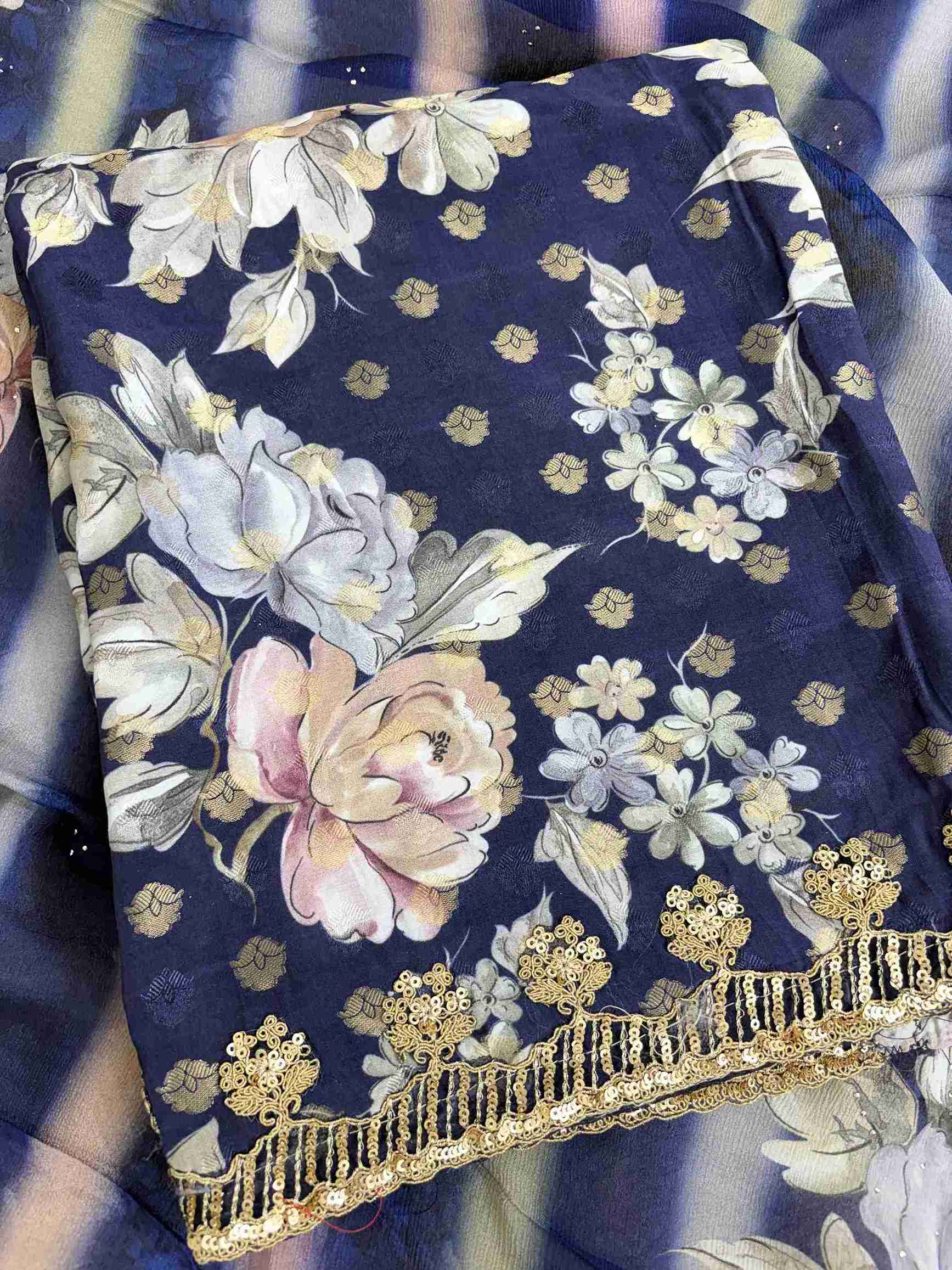 Round neckline detail on navy blue digital print muslin unstitched shirt