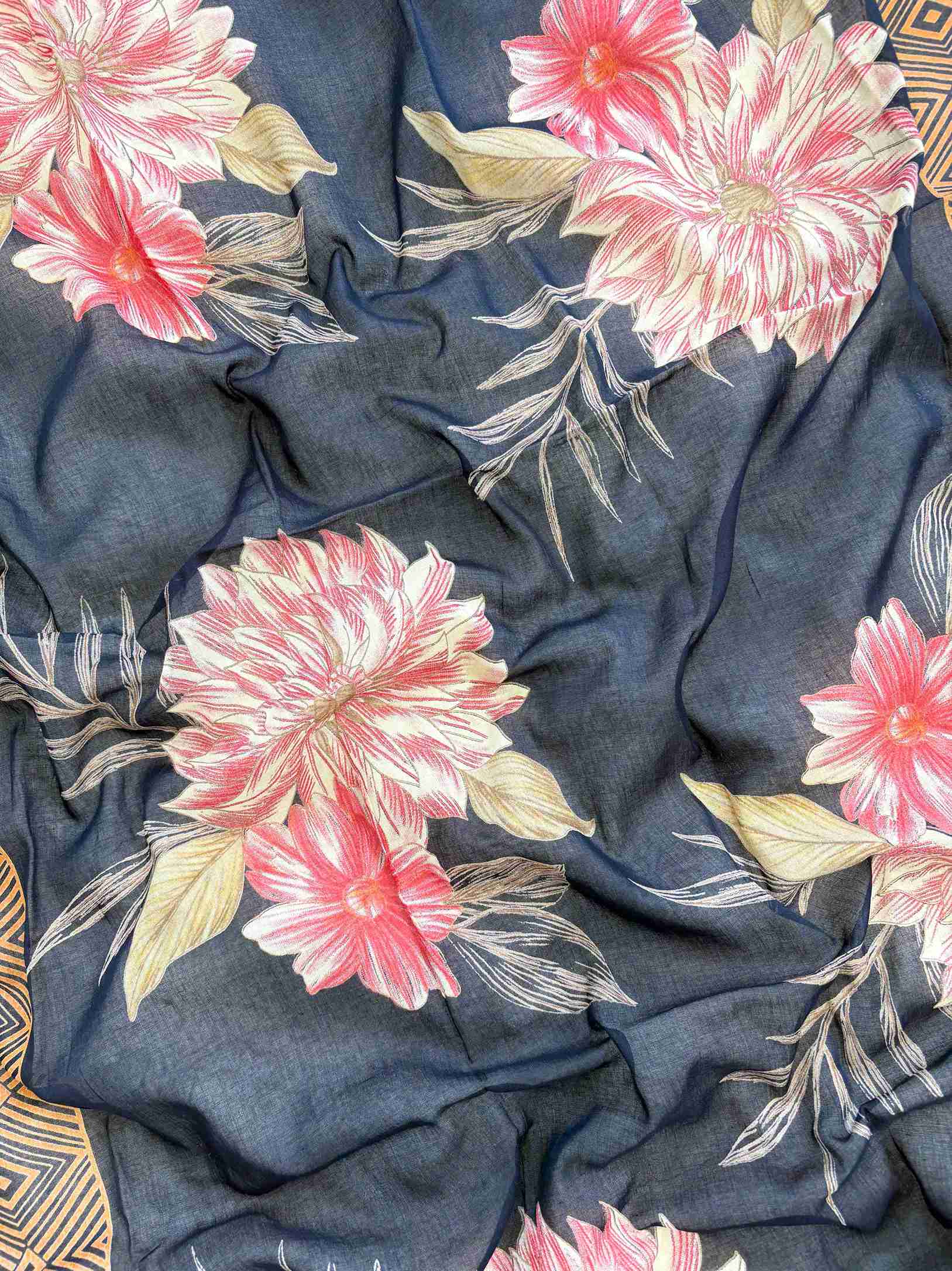 Close-up of navy blue cotton dupatta with floral and geometric border print