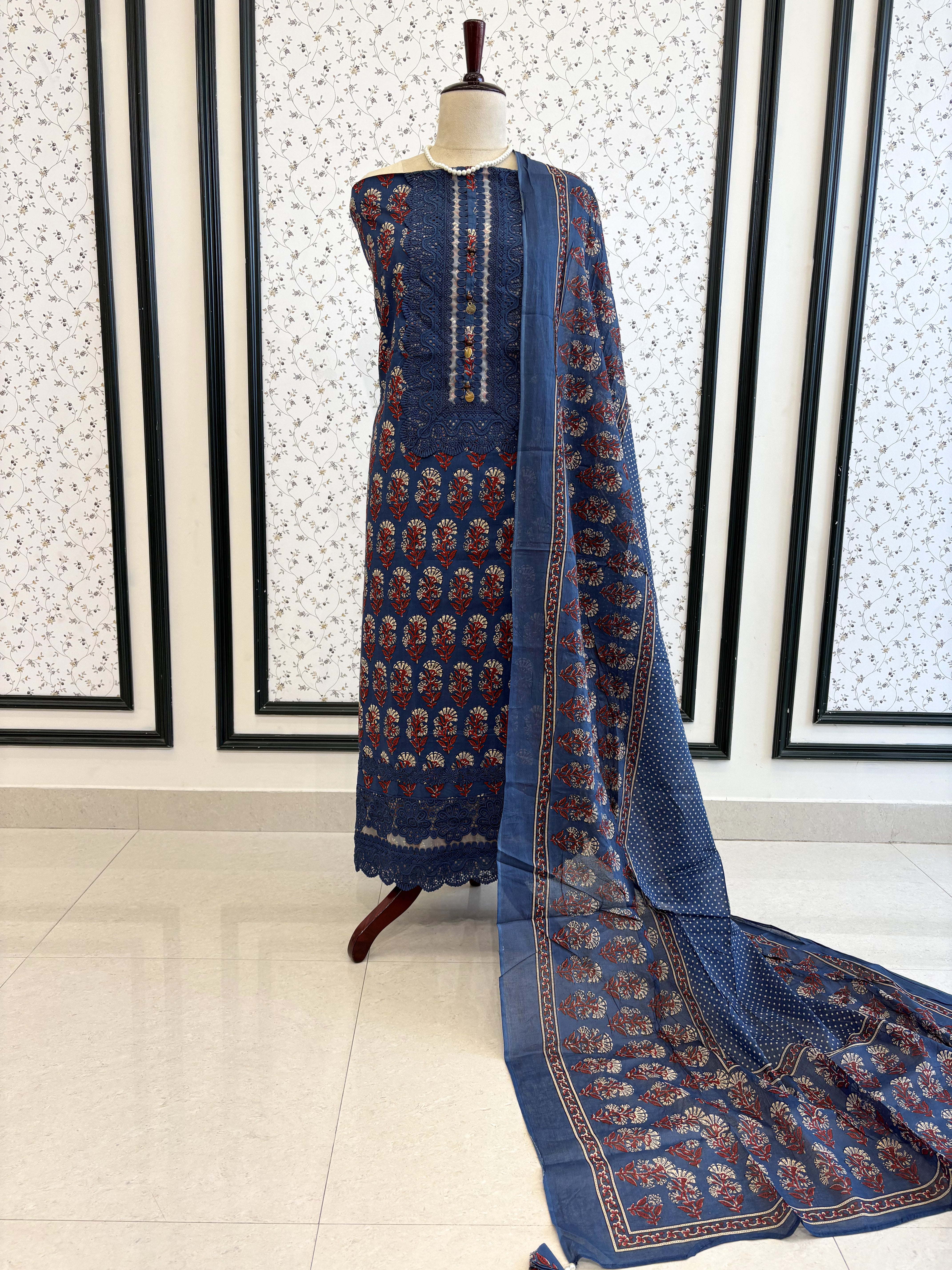 Navy blue cotton unstitched suit full front view with digitally printed dupatta draped on mannequin