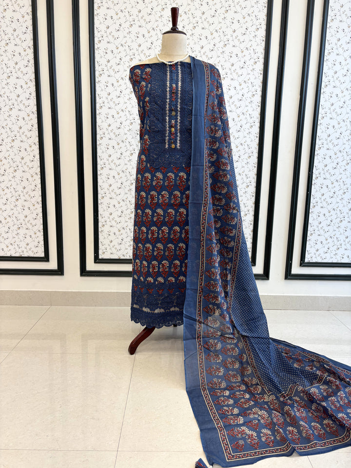 Navy blue cotton unstitched suit full front view with digitally printed dupatta draped on mannequin