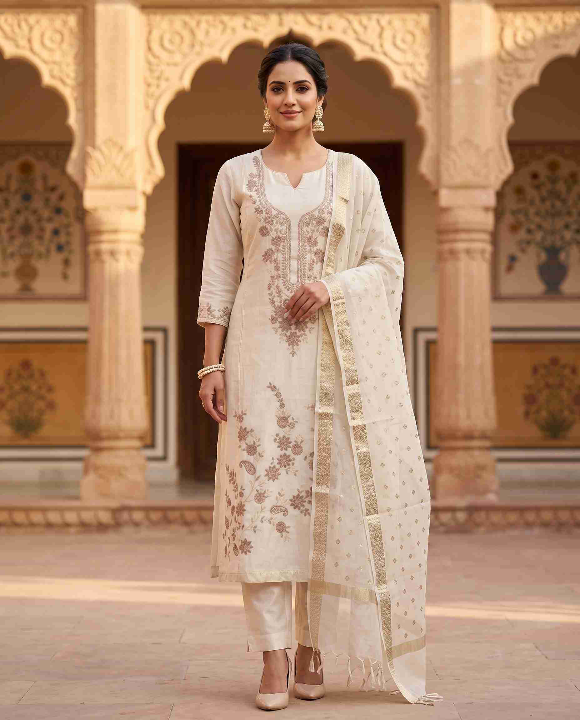 Model wearing off-white Chanderi unstitched suit with aari work embroidery