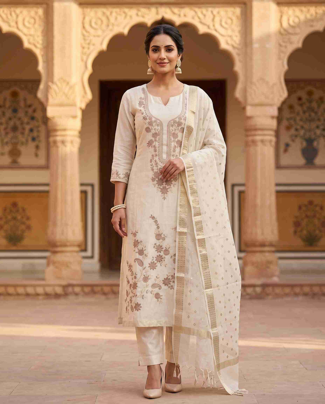 Model wearing off-white Chanderi unstitched suit with aari work embroidery