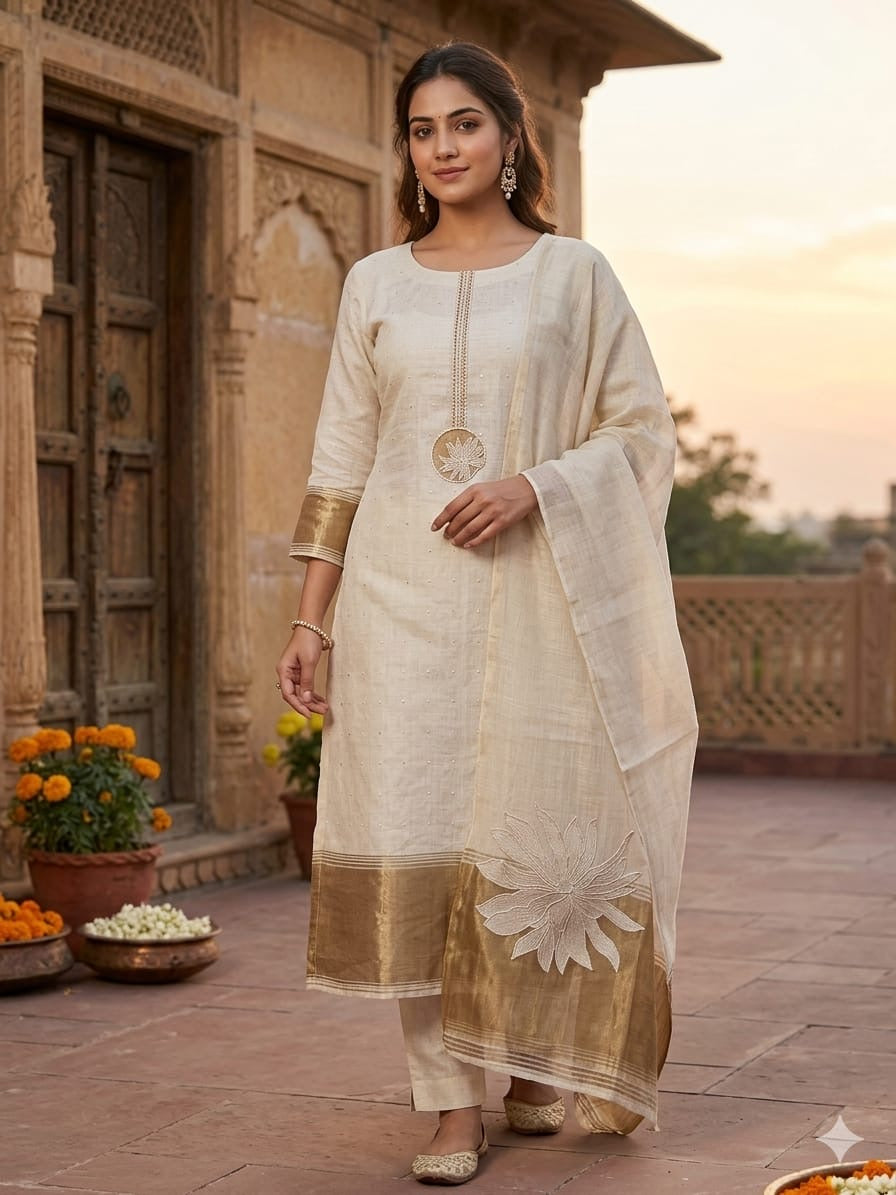 Off-white jamdani cotton unstitched suit full front view with applique corner zari patta dupatta draped on model