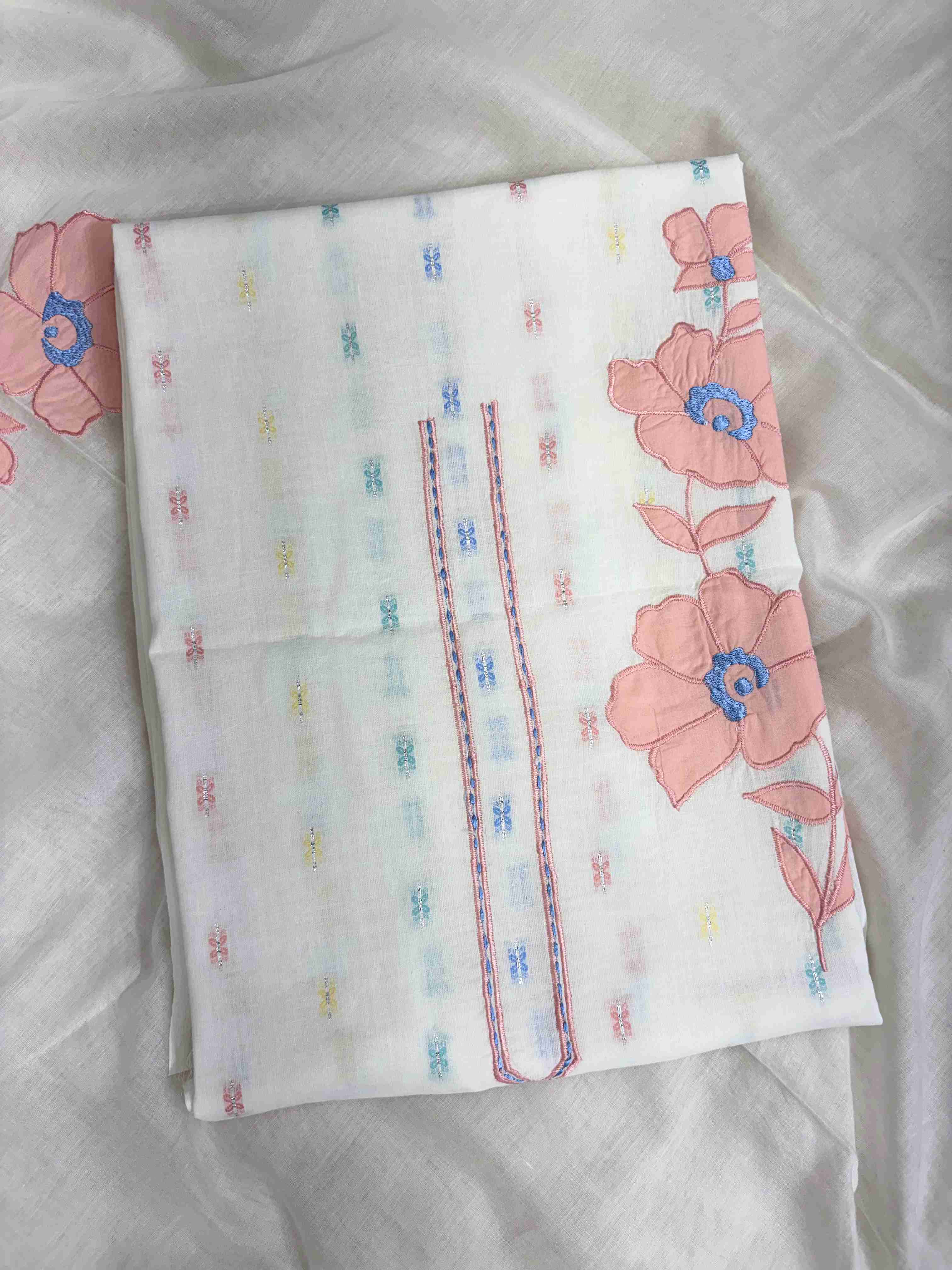 All-over multicolor woven floral booties in pink, blue, yellow across off-white pure cotton shirt body
