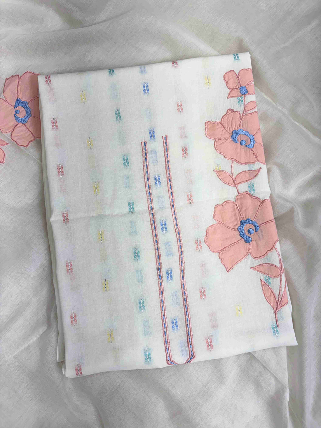 All-over multicolor woven floral booties in pink, blue, yellow across off-white pure cotton shirt body