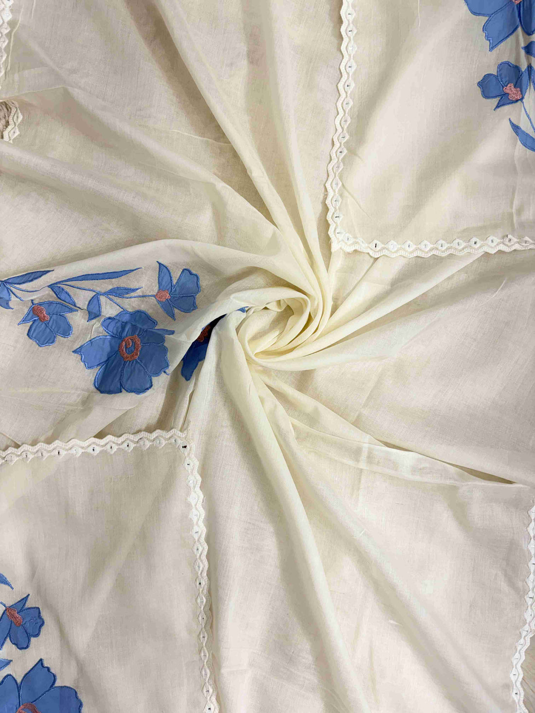 blue pure cotton bottom fabric detail complementing the off-white shirt and dupatta applique