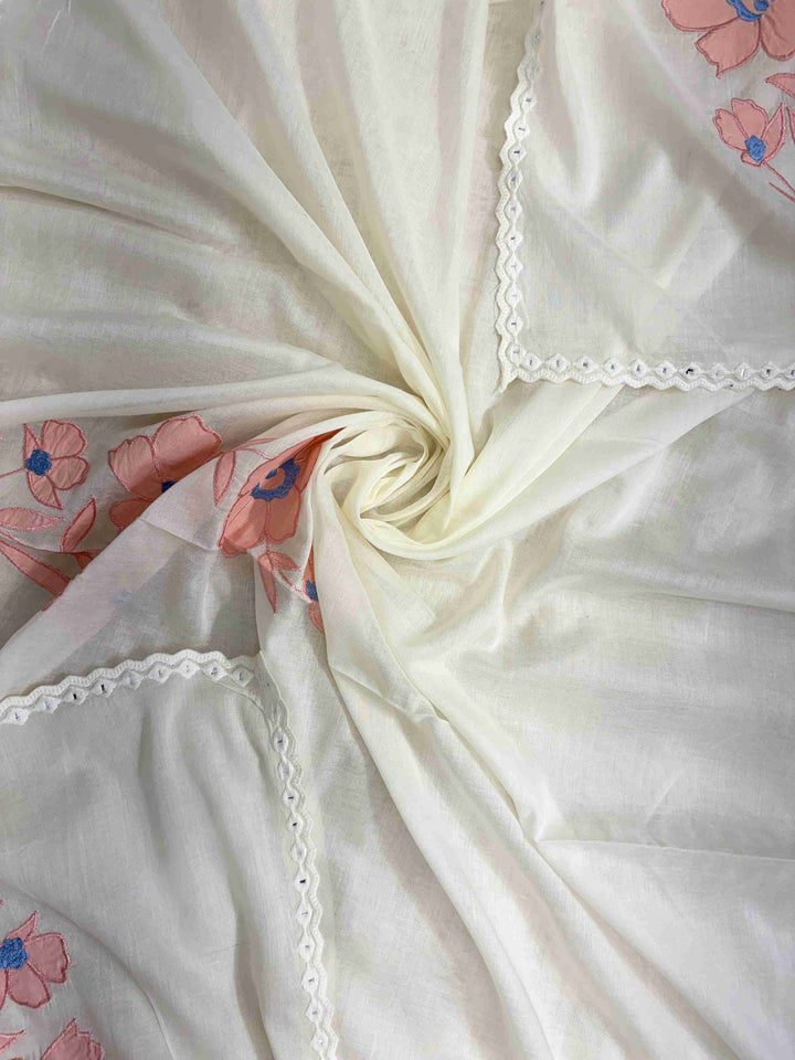 Pink pure cotton bottom fabric detail complementing the off-white shirt and dupatta applique