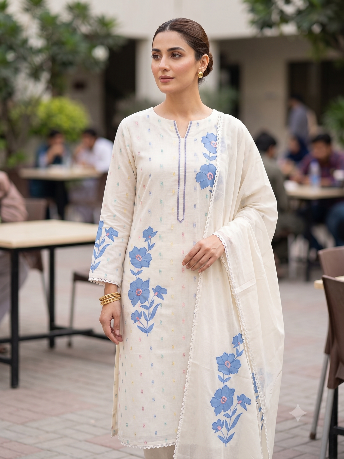Off-white pure cotton unstitched suit full front view with scalloped lace dupatta draped on model
