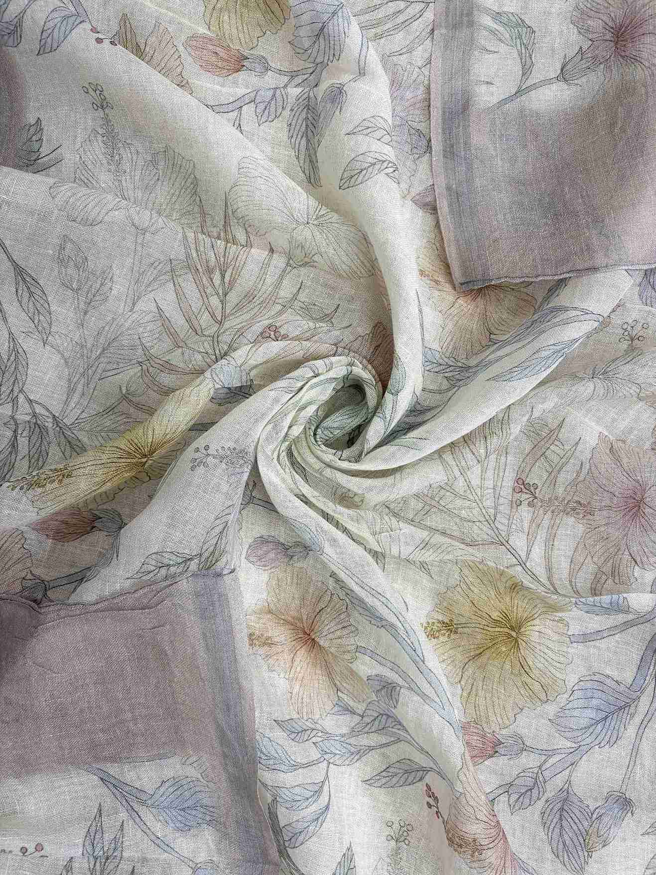 All-over multicolor digital floral print with hibiscus blooms and tropical leaves on off-white pure linen dupatta