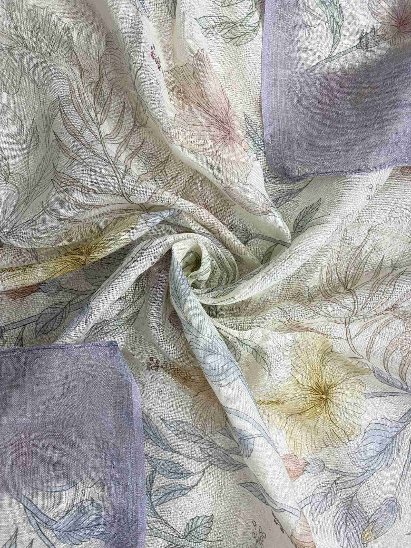 All-over multicolor digital floral print with hibiscus blooms and tropical leaves on off-white pure linen dupatta