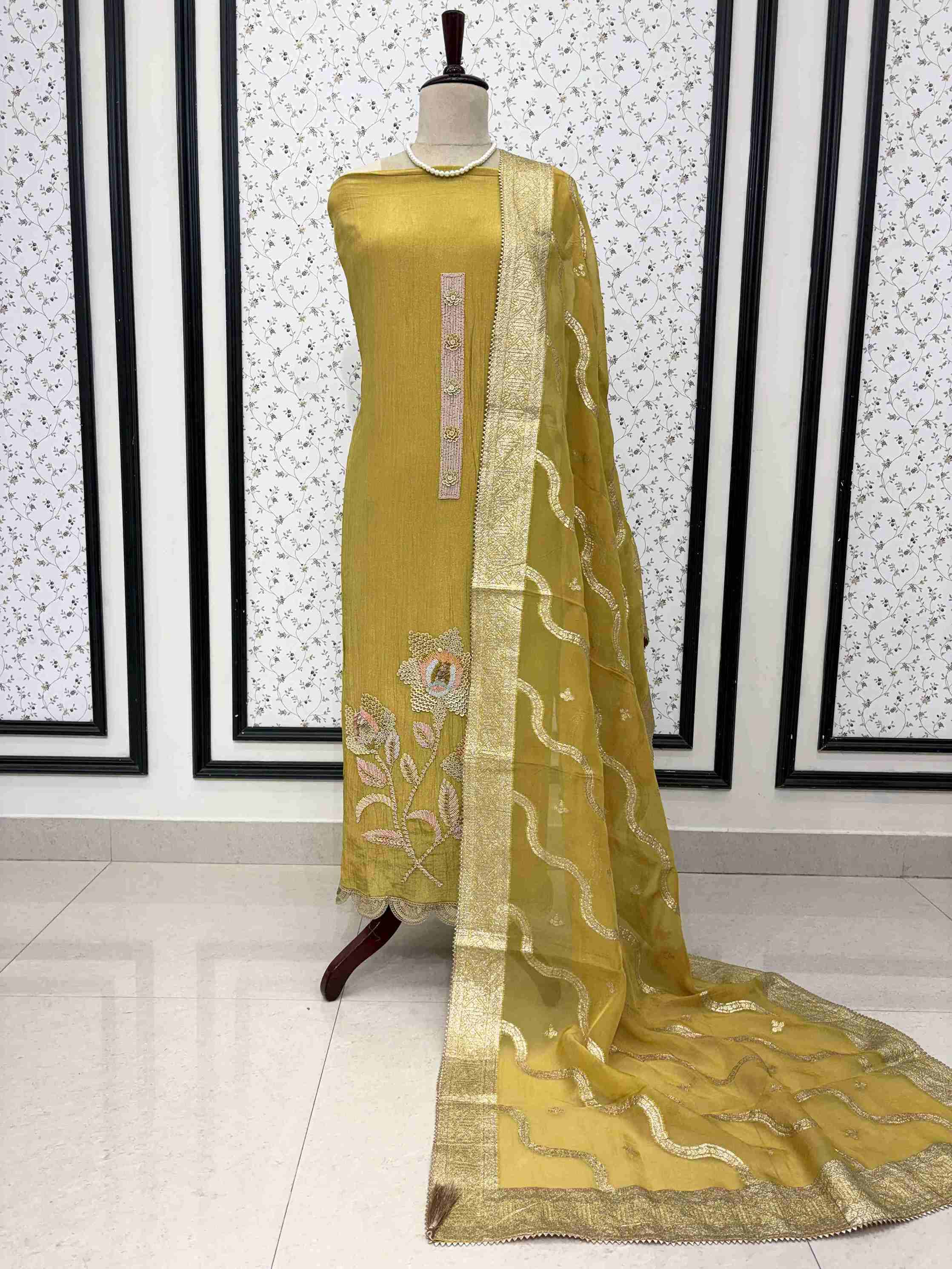 Olive gold crushed tissue unstitched suit full front view with banarasi dupatta draped on mannequin