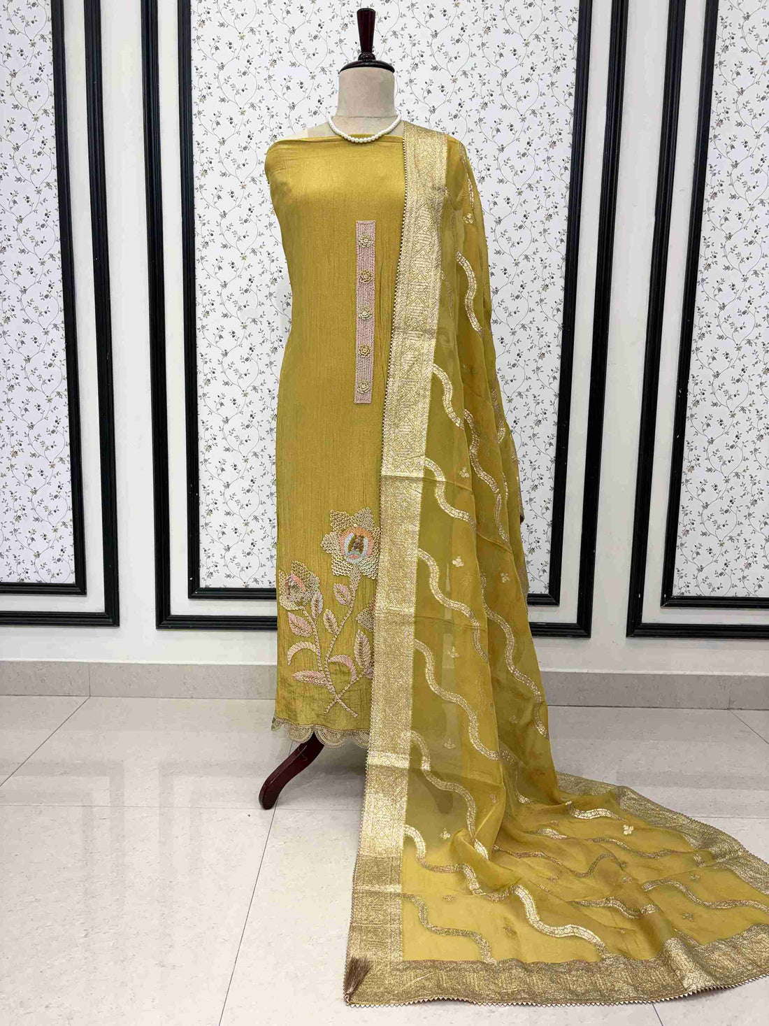 Olive gold crushed tissue unstitched suit full front view with banarasi dupatta draped on mannequin