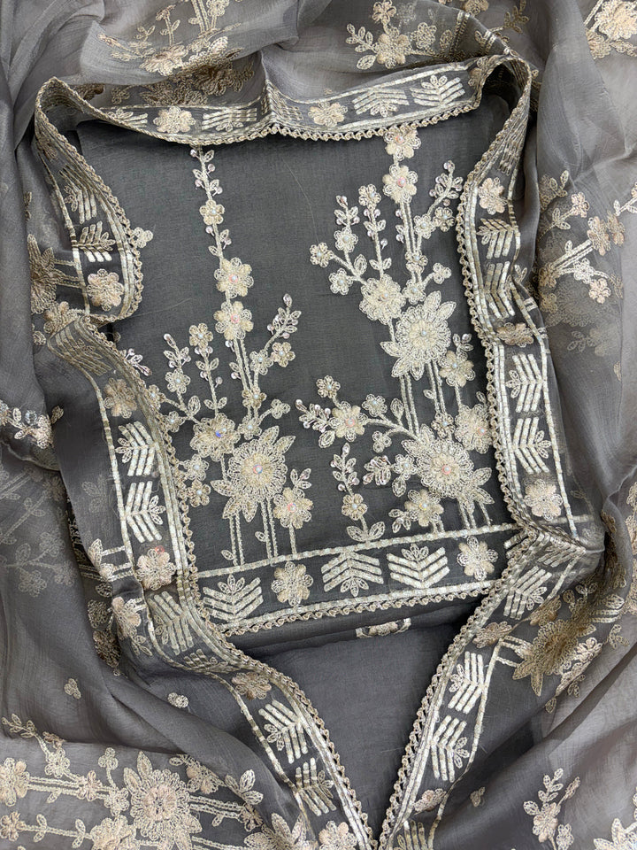 Olive gold tissue unstitched suit set with thin gota work