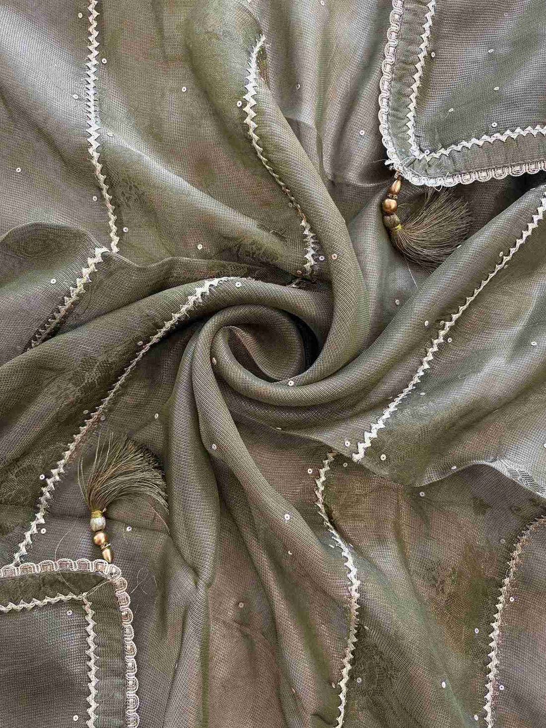 Olive green Burberry tissue dupatta with zigzag gota laces and sequins