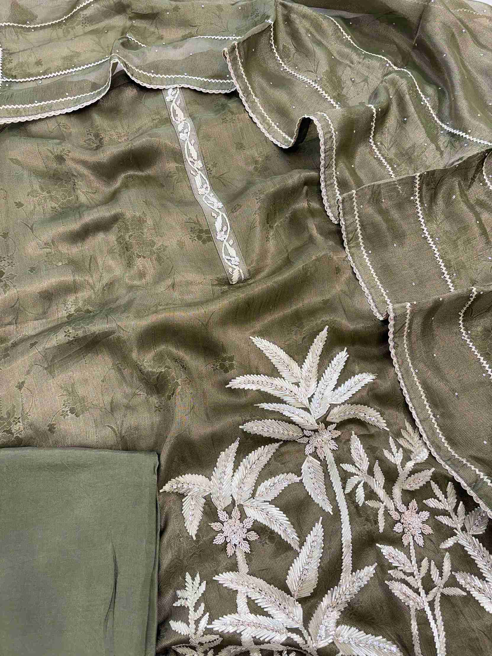 Heavy gota palm tree motif daaman with beads and sequins on olive green Burberry tissue suit