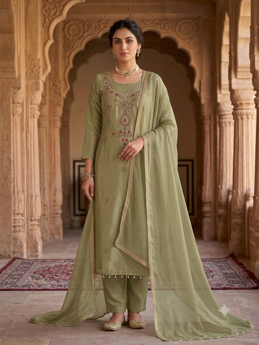 Model wearing olive green simmar tissue unstitched suit with zardozi neckline