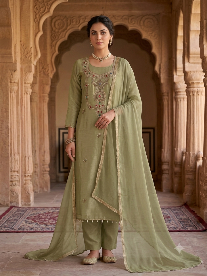 Model wearing olive green simmar tissue unstitched suit with zardozi neckline