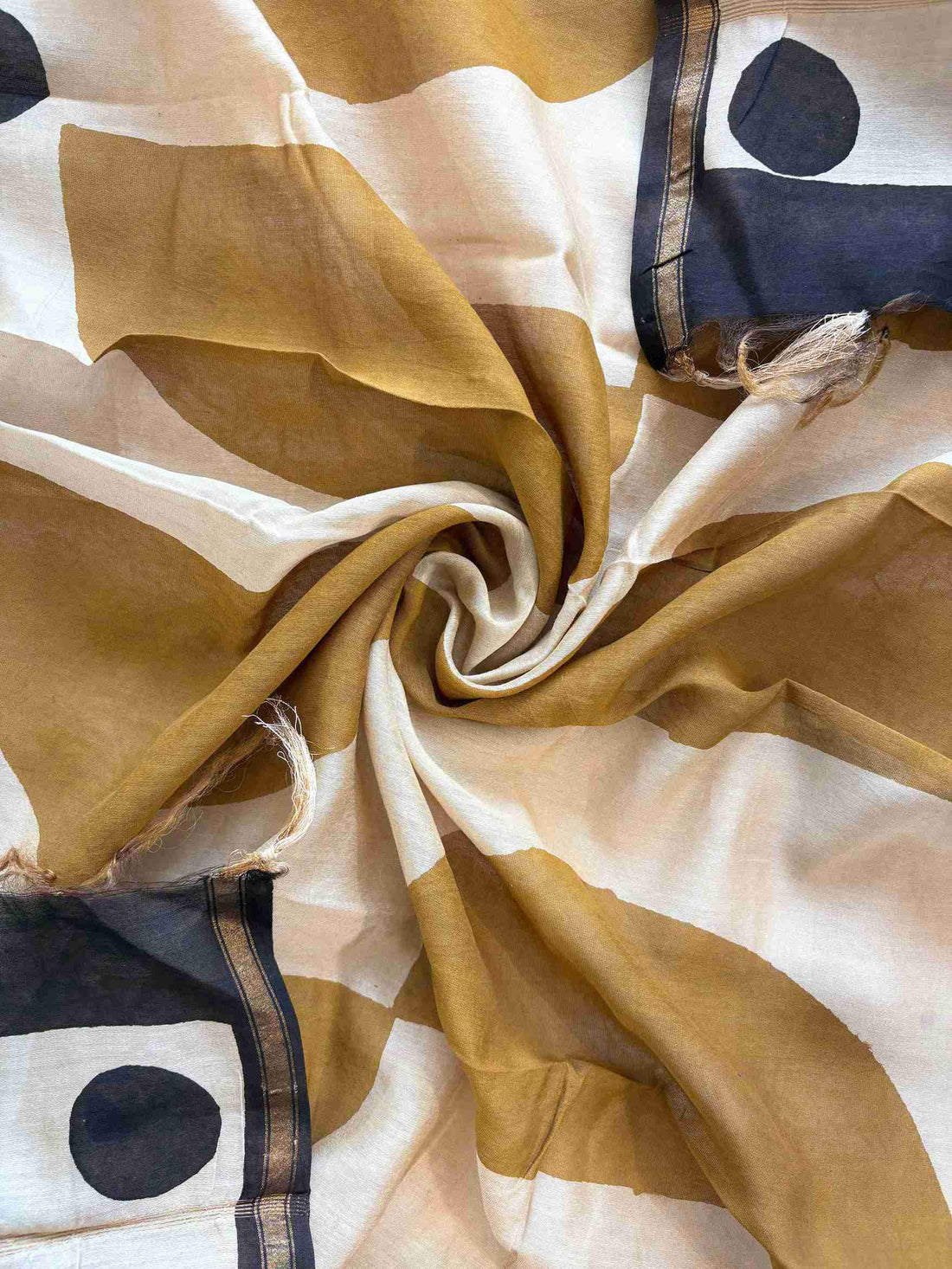 Olive and cream Maheshwari silk dupatta with geometric hand block print and black dots