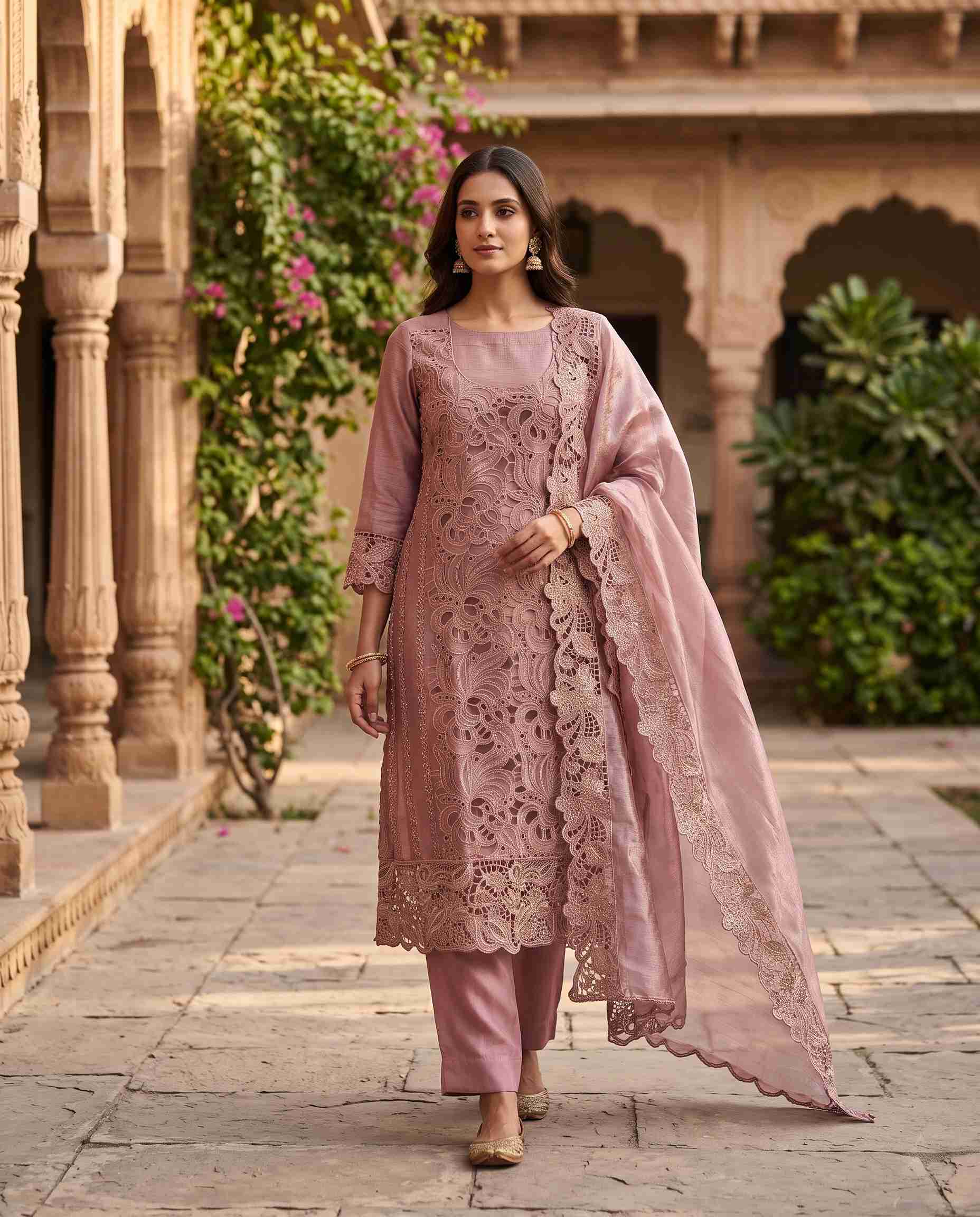 Onion Pink shimmer tissue unstitched suit with full cutwork panel shirt and cutwork dupatta