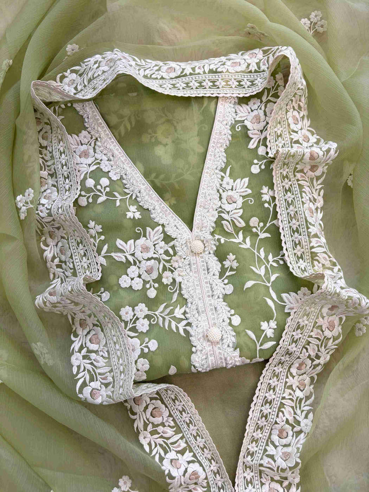 Pastel greenchiffon embroidered unstitched suit set with dupatta
