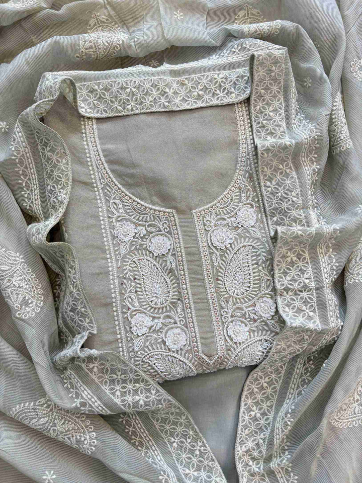Pastel grey chikankari unstitched georgette suit set with chiffon dupatta