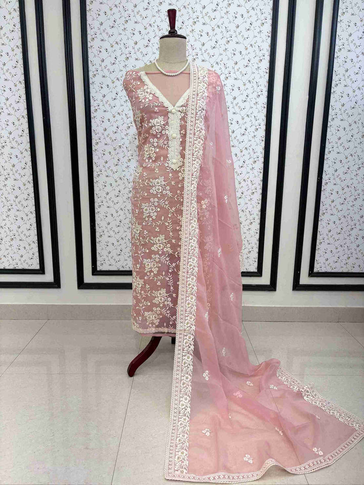 Pastel pink chiffon embroidered unstitched suit set with dupatta on manequinn