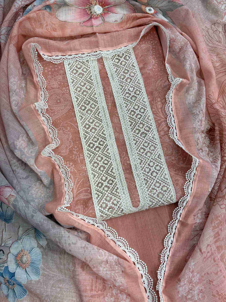 Broad crotia lace neckline panel with sequin highlighting on peach linen shirt