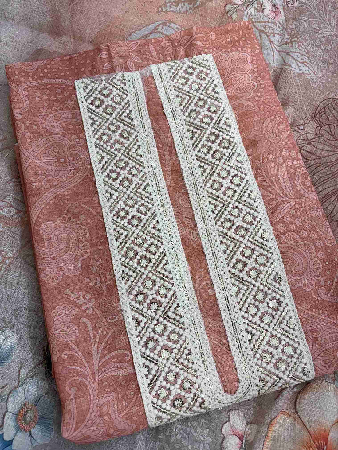 Complete powder blue linen unstitched suit flat lay set with shirt, dupatta, and matching linen bottom