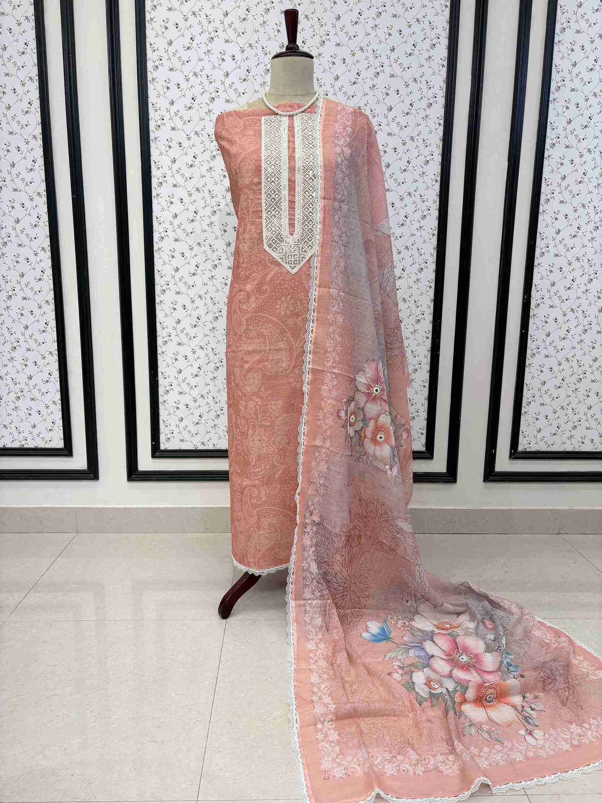 Peach linen unstitched suit full front view with floral patch printed dupatta draped on mannequin