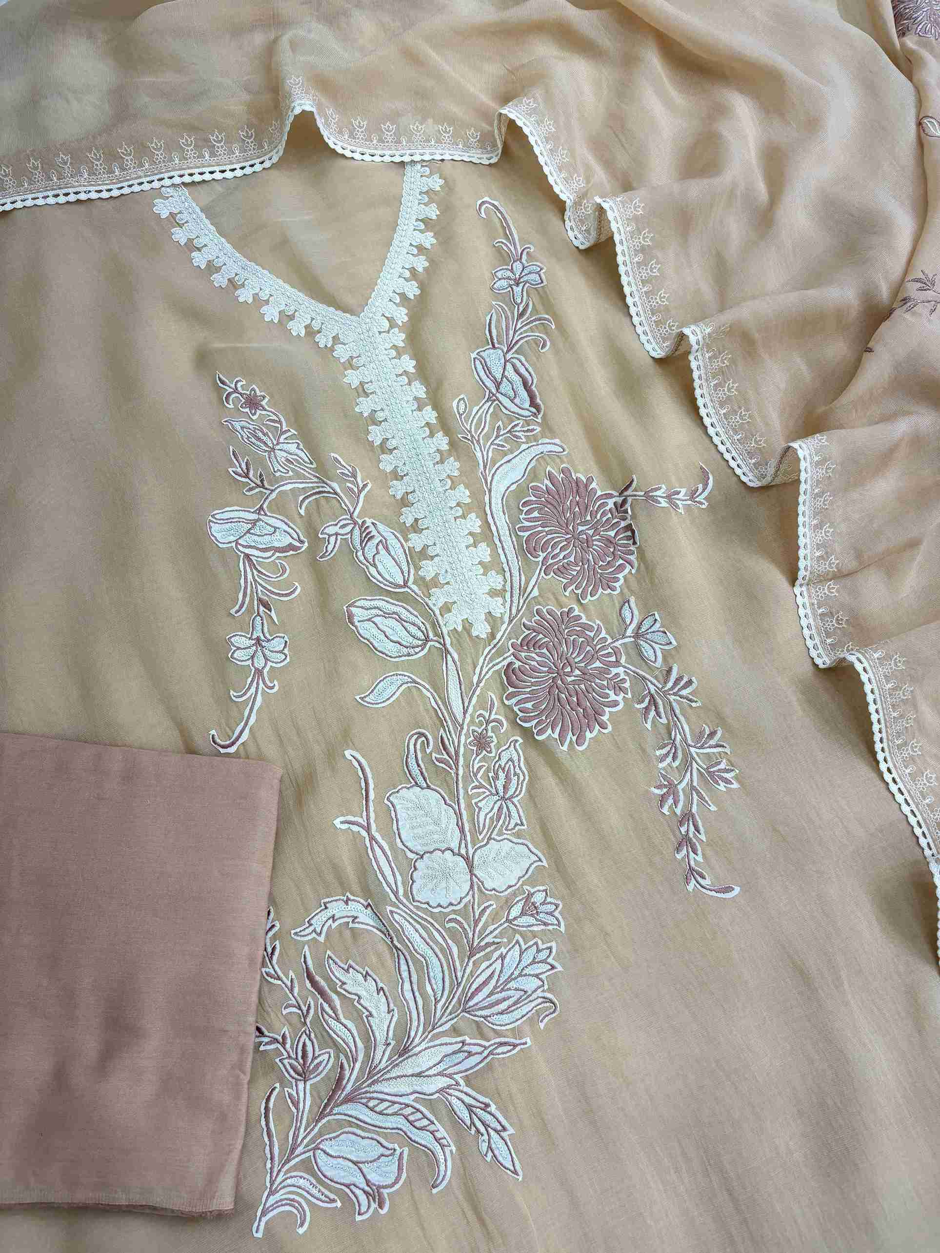 Complete peach mul cotton unstitched suit flat lay set with shirt, dupatta, and fine cotton bottom