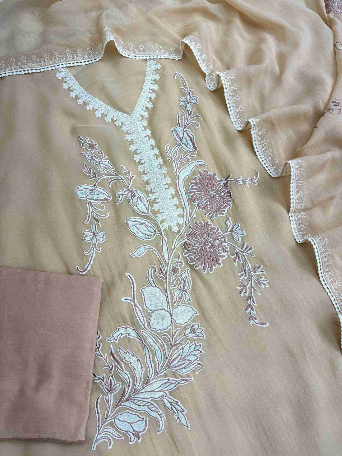 Complete peach mul cotton unstitched suit flat lay set with shirt, dupatta, and fine cotton bottom