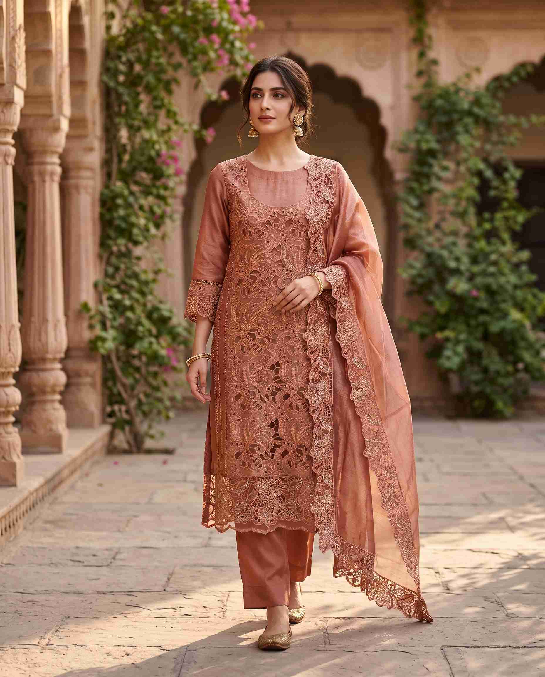 Peach shimmer tissue unstitched suit with full cutwork panel shirt and cutwork dupatta