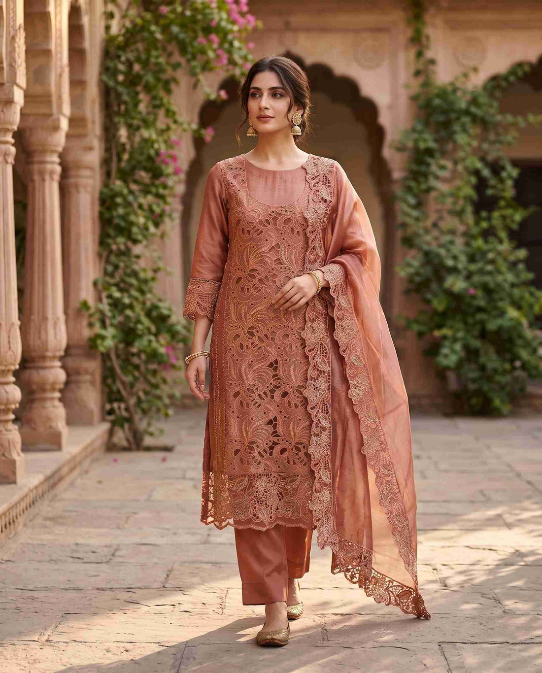 Peach shimmer tissue unstitched suit with full cutwork panel shirt and cutwork dupatta
