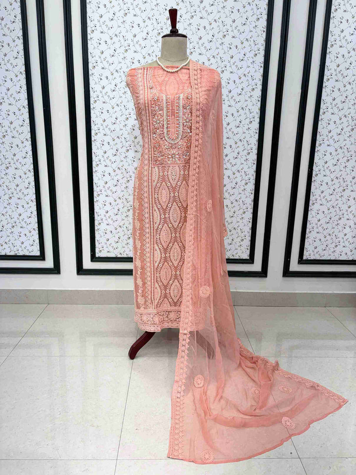 Complete peach unstitched suit set with georgette shirt, cotton silk bottom and chiffon dupatta