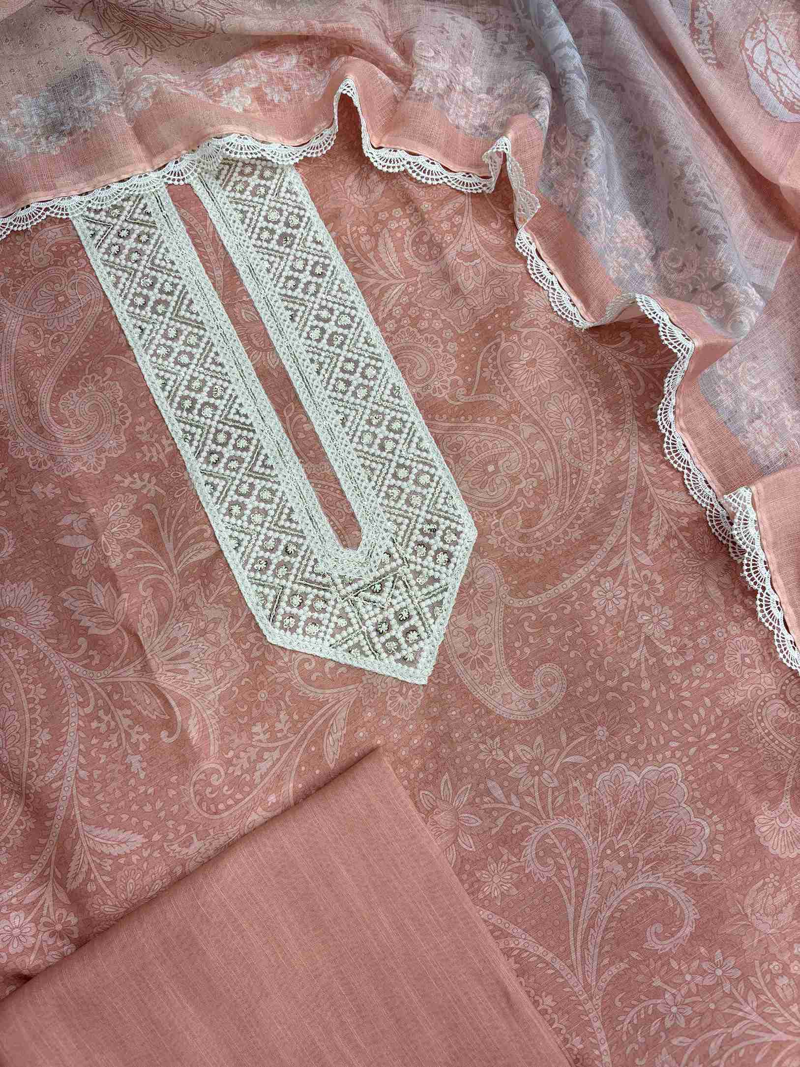 Complete peach linen unstitched suit flat lay set with shirt, dupatta, and matching linen bottom
