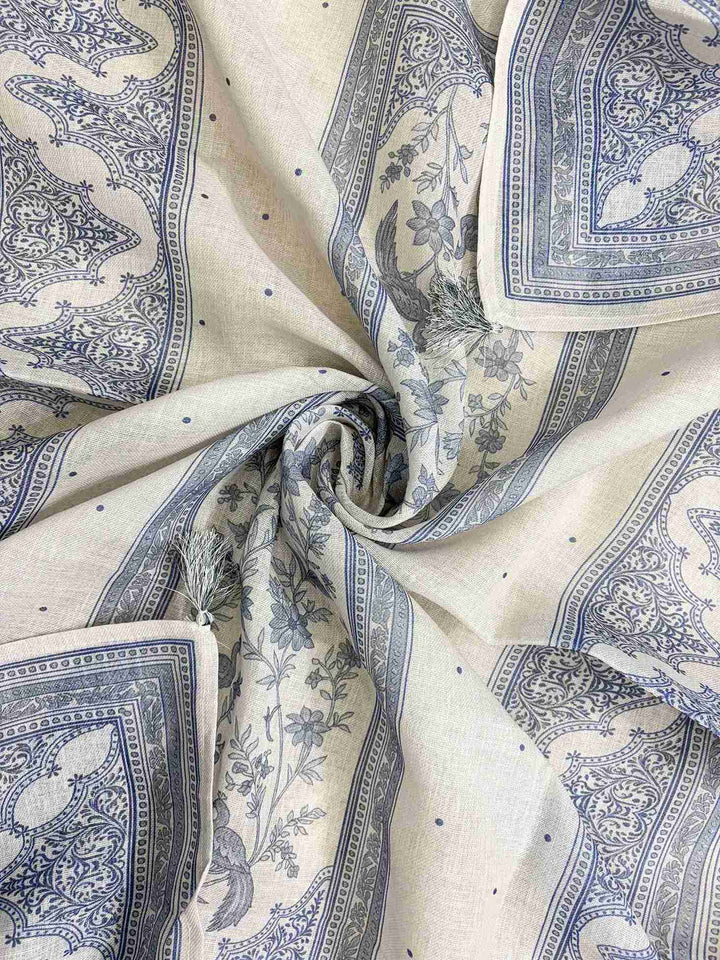 Broad printed geometric and paisley stripe pattern along longer sides of pearl grey linen dupatta