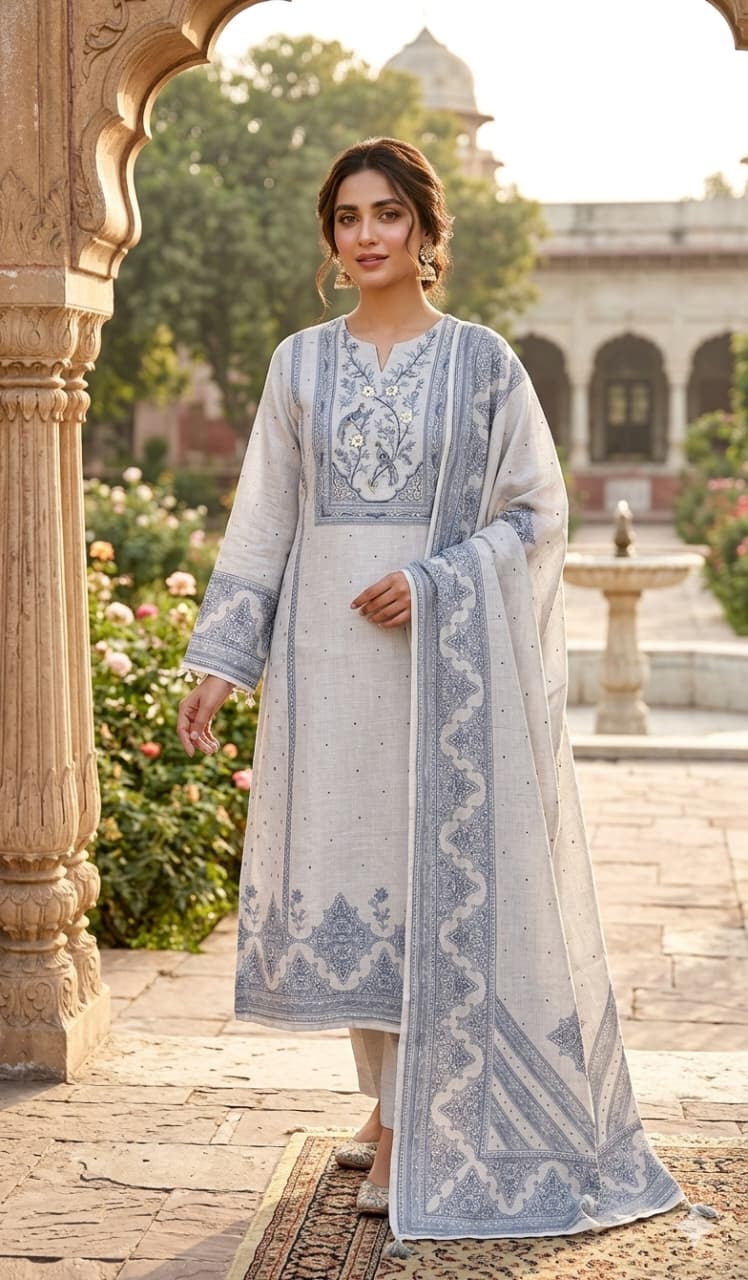 Pearl grey linen unstitched suit full front view worn by model with broad stripe pattern dupatta draped