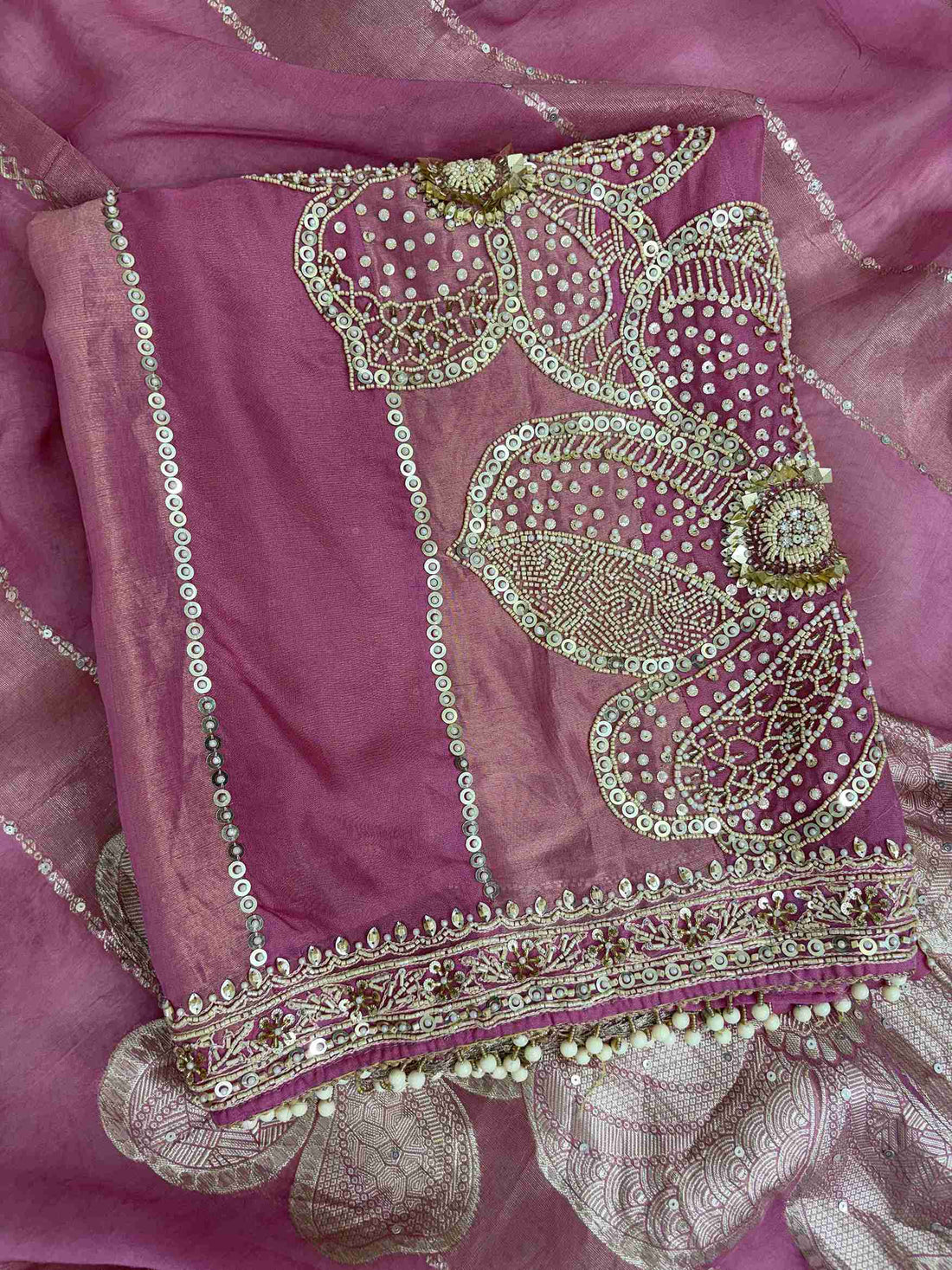Pink shimmer organza dupatta with Banarasi floral impression and striped pattern