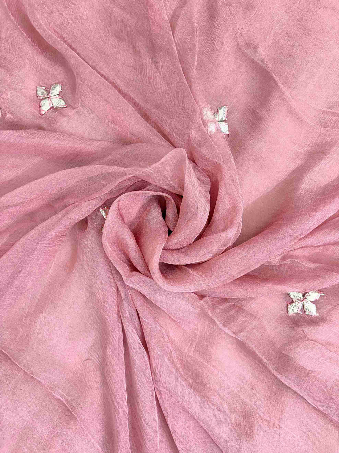 Bota lace border and scattered gota floral motifs across pink chiffon dupatta surface
